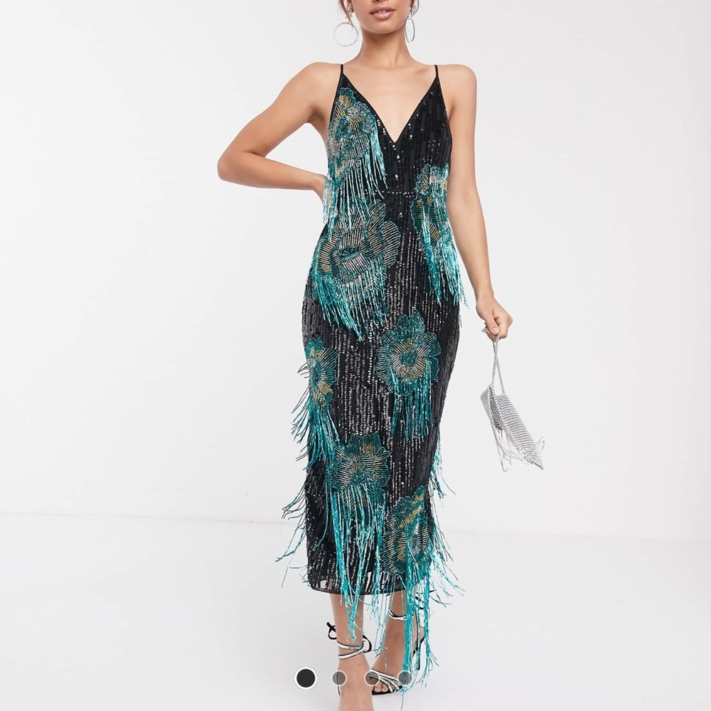 ASOS EDITION Cami Midi Dress with Floral Fringe